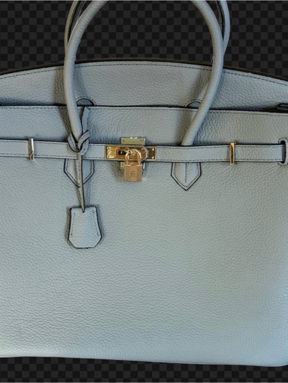 Light Blue Leather Tote with Gold Lock Detail